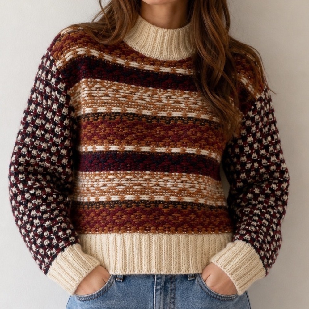 Veronica Beard Alpaca Merino Wool Striped Sweater‎ Mock Neck Boho Knit XS z2